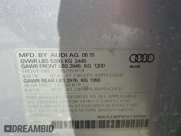 2015 Audi Q5 Premium Plus with VIN WA1LFAFPXFA139586, listed as a Copart auction lot 57821705 with 109,994 mi miles and Salvage title. Bid and sale history available at DreamBid. Image 13.