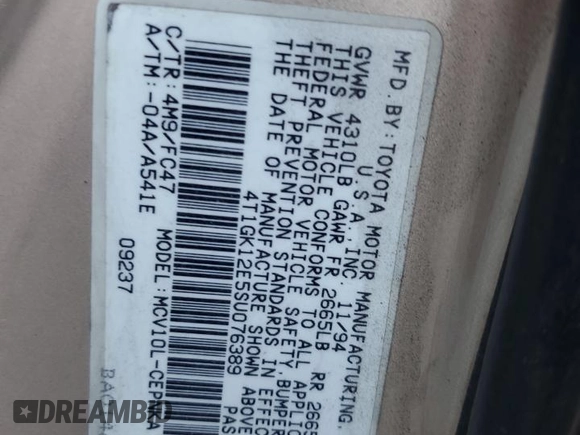 1995 Toyota Camry LE with VIN 4T1GK12E5SU76389, listed as a Copart auction lot 83120474 with 245,875 mi miles and Non Repairable. Bid and sale history available at carsss.com. Image 13.