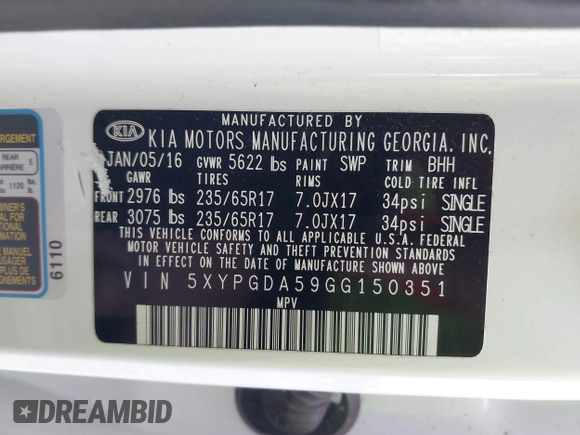 2016 Kia Sorento LX with VIN 5XYPGDA59GG150351, listed as a IAAI auction lot 42006707 with 152,617 mi miles and . Bid and sale history available at carsss.com. Image 9.