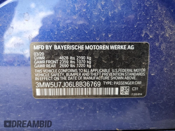 2020 BMW 3 Series M340i with VIN 3MW5U7J06L8B36769, listed as a Copart auction lot 68188424 with 0 mi miles and Salvage Title. Bid and sale history available at carsss.com. Image 13.