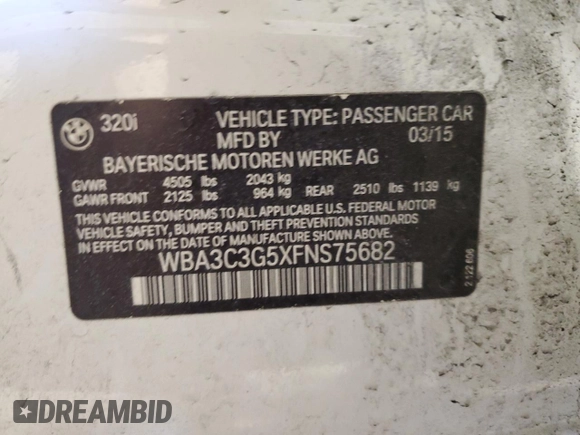 2015 BMW 3 Series 320i xDrive with VIN WBA3C3G5XFNS75682, listed as a Copart auction lot 44792615 with 78,264 mi miles and Salvage Title. Bid and sale history available at carsss.com. Image 12.