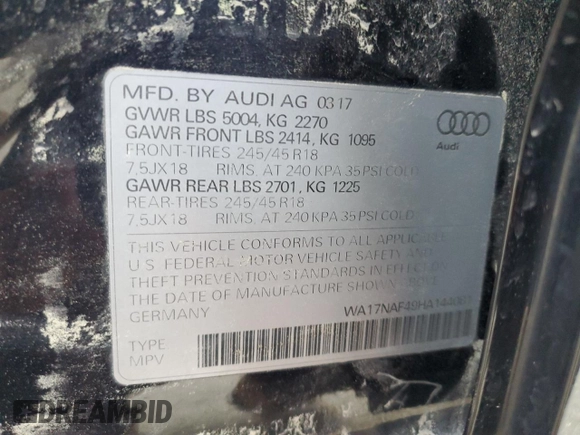 2017 Audi allroad A4 Premium with VIN WA17NAF49HA144081, listed as a Copart auction lot 49381525 with 50,979 mi miles and Salvage Title. Bid and sale history available at DreamBid. Image 14.