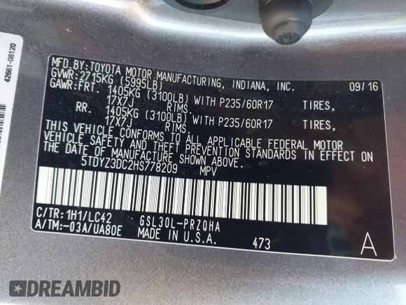 2017 Toyota Sienna XLE Auto Access Seat with VIN 5TDYZ3DC2HS778209, listed as a IAAI auction lot 42225530 with 164,524 mi miles and . Bid and sale history available at DreamBid. Image 9.