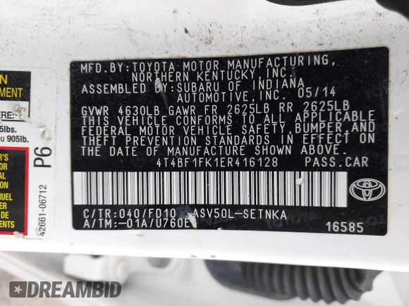 2014 Toyota Camry L with VIN 4T4BF1FK1ER416128, listed as a IAAI auction lot 42030370 with 79,475 mi miles and . Bid and sale history available at DreamBid. Image 9.