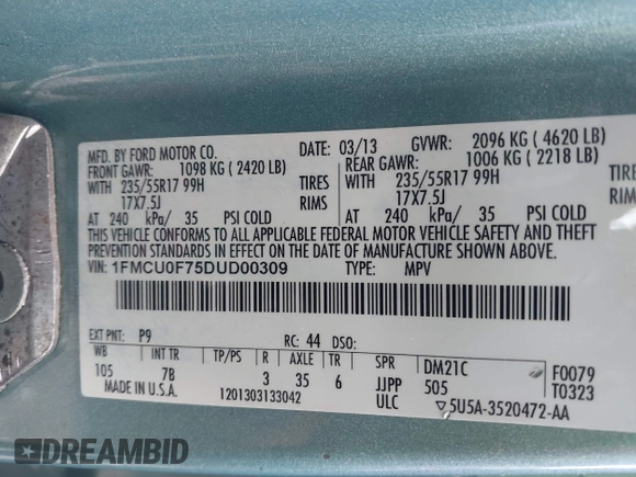 2013 Ford Escape S with VIN 1FMCU0F75DUD00309, listed as a IAAI auction lot 42017289 with 184,026 mi miles. Bid and sale history available at carsss.com. Image 9.