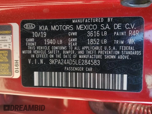 2020 Kia Rio S with VIN 3KPA24AD5LE284583, listed as a Copart auction lot 48487285 with 17,416 mi miles and Salvage Title. Bid and sale history available at DreamBid. Image 14.