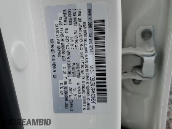 2025 Mazda CX-90 Premium Sport с VIN JM3KKCHA5S1197155, выставлен на аукционе Copart как лот 47997325 с пробегом 1 168 миль миль и Списание • Salvage title. История ставок и продаж доступна на DreamBid. Изображение 13.