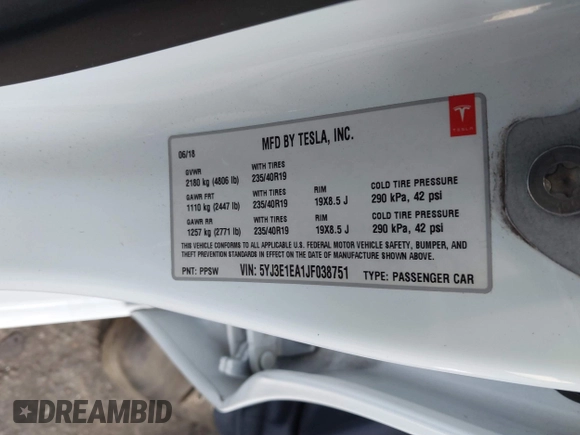 2018 Tesla Model 3 Long Range Battery with VIN 5YJ3E1EA1JF038751, listed as a IAAI auction lot 40553966 with 95,753 mi miles and . Bid and sale history available at DreamBid. Image 9.