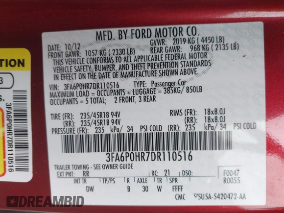 2013 Ford Fusion SE with VIN 3FA6P0HR7DR110516, listed as a IAAI auction lot 42127684 with 123,996 mi miles. Bid and sale history available at carsss.com. Image 9.