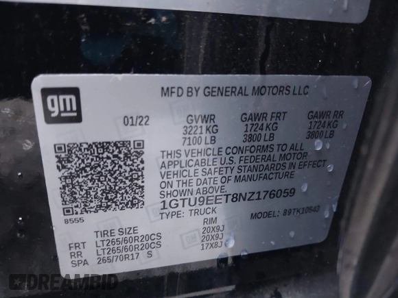 2022 GMC Sierra 1500 AT4 with VIN 1GTU9EET8NZ176059, listed as a IAAI auction lot 41250922 with 28,528 mi miles. Bid and sale history available at carsss.com. Image 9.