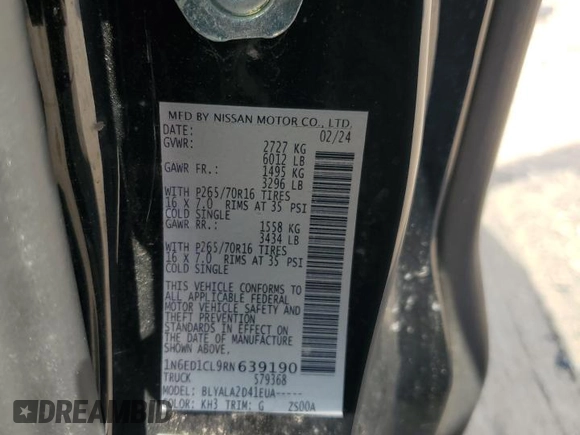 2024 Nissan Frontier S с VIN 1N6ED1CL9RN639190, выставлен на аукционе Copart как лот 56930435 с пробегом 24 059 миль миль и Списание • Salvage title. История ставок и продаж доступна на DreamBid. Изображение 12.