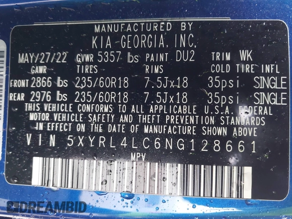 2022 Kia Sorento S with VIN 5XYRL4LC6NG128661, listed as a IAAI auction lot 41645939 with 72,196 mi miles. Bid and sale history available at carsss.com. Image 9.