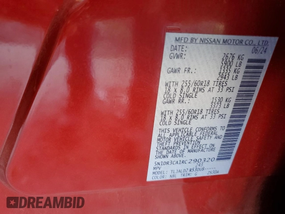 2024 Nissan Pathfinder SL z VIN 5N1DR3CA1RC290320, wystawiony jako Copart lot #54735815 z przebiegiem 4 866 mil mil oraz Szkoda całkowita • Salvage title. Historia ofert i sprzedaży dostępna na DreamBid. Obrazek 12.