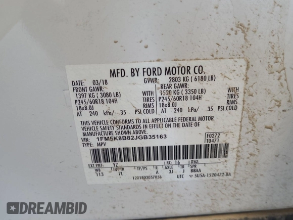 2018 Ford Explorer with VIN 1FM5K8B82JGB35163, listed as a IAAI auction lot 42663602 with 181,056 mi miles and . Bid and sale history available at DreamBid. Image 23.