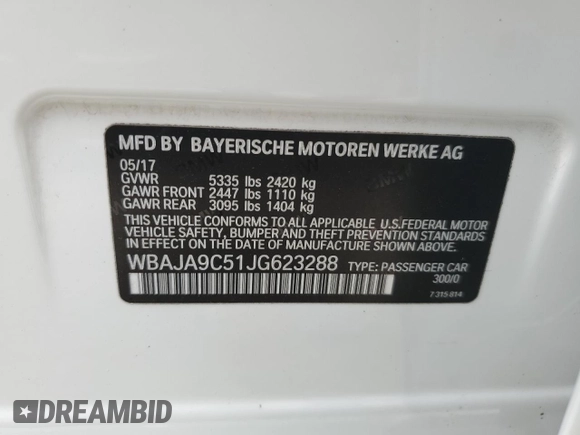 2018 BMW 5 Series 530e with VIN WBAJA9C51JG623288, listed as a Copart auction lot 52422925 with 137,612 mi miles and Clean title. Bid and sale history available at DreamBid. Image 12.