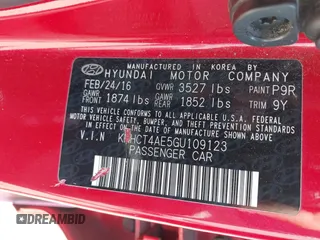 2016 Hyundai Accent SE z VIN KMHCT4AE5GU109123, wystawiony jako IAAI lot #41939620 z przebiegiem 71 461 mil mil oraz . Historia ofert i sprzedaży dostępna na DreamBid. Obrazek 9.