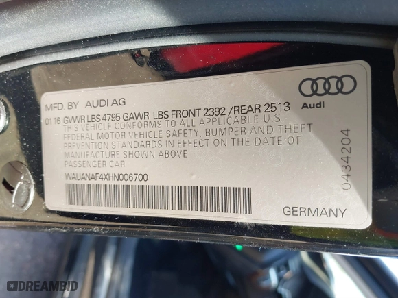 2017 Audi A4 Premium with VIN WAUANAF4XHN006700, listed as a IAAI auction lot 41886496 with 64,758 mi miles. Bid and sale history available at carsss.com. Image 9.