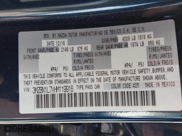 2017 Mazda 3 Touring with VIN 3MZBN1L7XHM119916, listed as a IAAI auction lot 41853321 with 118,822 mi miles. Bid and sale history available at carsss.com. Image 9.