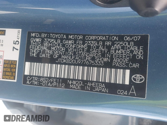 2007 Toyota Prius with VIN JTDKB20U977675333, listed as a IAAI auction lot 41880014 with 203,085 mi miles and . Bid and sale history available at DreamBid. Image 9.