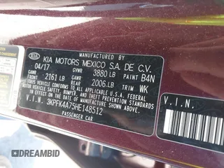 2017 Kia Forte LX with VIN 3KPFK4A75HE148512, listed as a IAAI auction lot 41869999 with 108,956 mi miles. Bid and sale history available at carsss.com. Image 9.