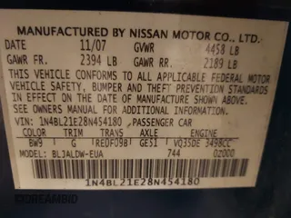 2008 Nissan Altima SE z VIN 1N4BL21E28N454180, wystawiony jako IAAI lot #42295294 z przebiegiem Nie podano mil oraz . Historia ofert i sprzedaży dostępna na DreamBid. Obrazek 9.