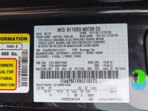 2022 Ford Mustang GT with VIN 1FA6P8CFXN5110171, listed as a IAAI auction lot 41690206 with 20,989 mi miles and . Bid and sale history available at DreamBid. Image 9.