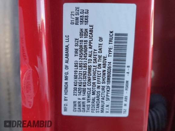 2021 Honda Ridgeline Sport z VIN 5FPYK3F18MB003614, wystawiony jako Copart lot #87878295 z przebiegiem 42 359 mil mil oraz Szkoda całkowita • Salvage title. Historia ofert i sprzedaży dostępna na DreamBid. Obrazek 14.