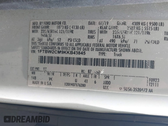 2019 Ford Transit with VIN 1FTBW2CM9KKB43845, listed as a IAAI auction lot 42122503 with 124,037 mi miles and . Bid and sale history available at DreamBid. Image 9.