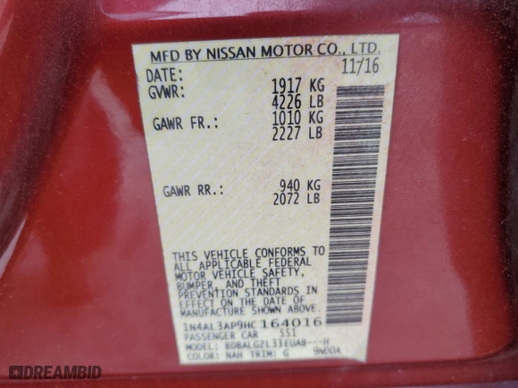 2017 Nissan Altima 2.5 SV with VIN 1N4AL3AP9HC164016, listed as a Copart auction lot 41861875 with 0 mi miles and Salvage Title. Bid and sale history available at carsss.com. Image 14.