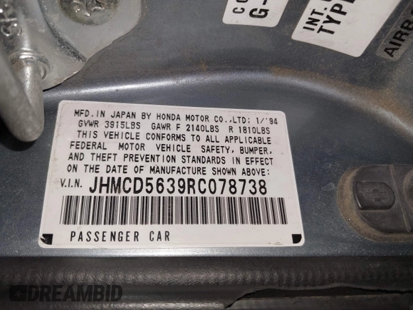 1994 Honda Accord LX с VIN JHMCD5639RC078738, выставлен на аукционе IAAI как лот 42314174 с пробегом 132 172 миль миль и . История ставок и продаж доступна на DreamBid. Изображение 9.
