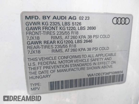 2023 Audi Q3 S line Premium with VIN WA1DECF34P1096834, listed as a IAAI auction lot 42644123 with 62,360 mi miles and . Bid and sale history available at DreamBid. Image 9.