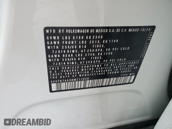 2024 Volkswagen Tiguan с VIN 3VVTB7AX9RM217926, выставлен на аукционе Copart как лот 59996135 с пробегом 3 941 миль миль и Чистый • Clean title. История ставок и продаж доступна на DreamBid. Изображение 14.