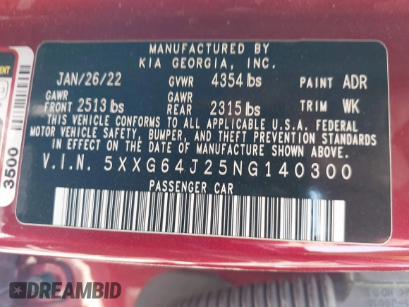 2022 Kia K5 GT-Line z VIN 5XXG64J25NG140300, wystawiony jako IAAI lot #41935077 z przebiegiem 51 279 mil mil oraz . Historia ofert i sprzedaży dostępna na DreamBid. Obrazek 9.