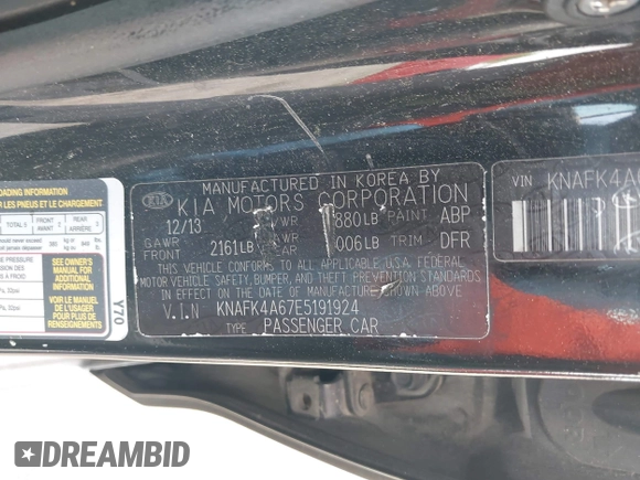 2014 Kia Forte LX with VIN KNAFK4A67E5191924, listed as a IAAI auction lot 41858920 with 198,652 mi miles. Bid and sale history available at carsss.com. Image 9.