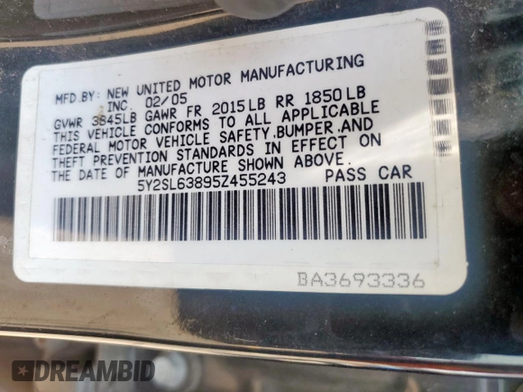 2005 Pontiac Vibe with VIN 5Y2SL63895Z455243, listed as a Copart auction lot 57243005 with 206,276 mi miles and Salvage title. Bid and sale history available at DreamBid. Image 14.