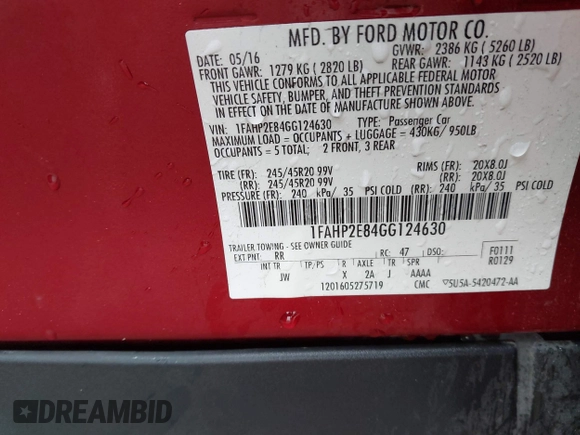 2016 Ford Taurus SEL with VIN 1FAHP2E84GG124630, listed as a IAAI auction lot 42512744 with 141,639 mi miles and . Bid and sale history available at DreamBid. Image 9.