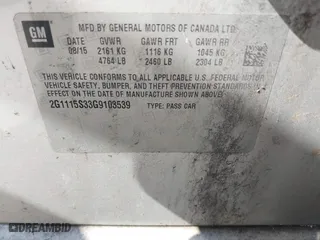 2016 Chevrolet Impala LT with VIN 2G1115S33G9103539, listed as a IAAI auction lot 41998565 with 128,595 mi miles. Bid and sale history available at carsss.com. Image 9.