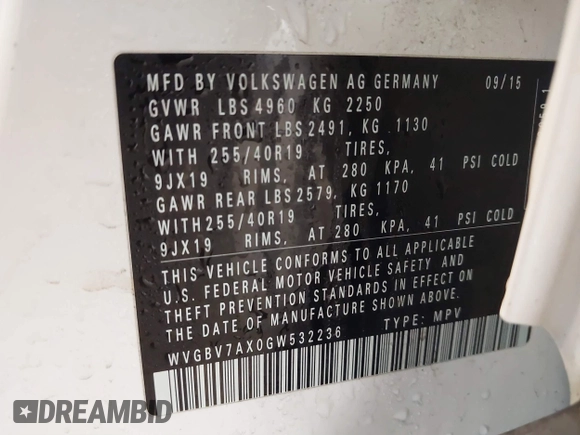 2016 Volkswagen Tiguan S with VIN WVGBV7AX0GW532236, listed as a IAAI auction lot 41610575 with 104,193 mi miles and . Bid and sale history available at DreamBid. Image 9.