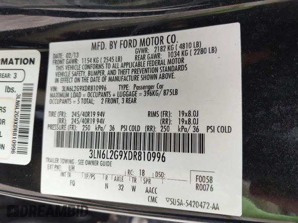 2013 Lincoln MKZ with VIN 3LN6L2G9XDR810996, listed as a IAAI auction lot 42370470 with 167,611 mi miles and . Bid and sale history available at DreamBid. Image 9.