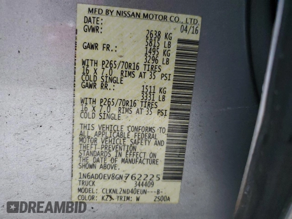 2016 Nissan Frontier S with VIN 1N6AD0EV8GN762225, listed as a Copart auction lot 85652444 with Not provided miles and Salvage title. Bid and sale history available at DreamBid. Image 13.