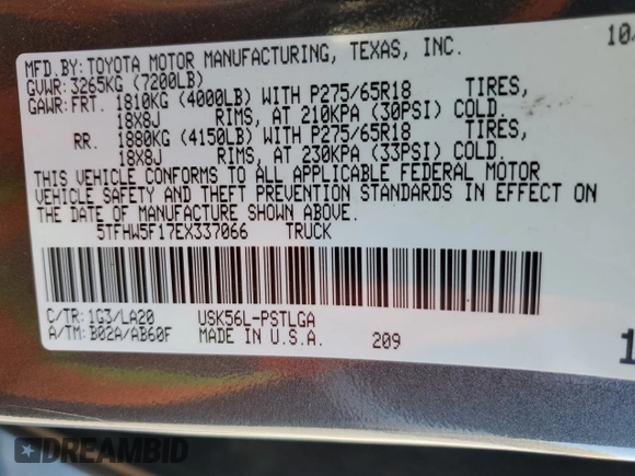 2014 Toyota Tundra Limited with VIN 5TFHW5F17EX337066, listed as a Copart auction lot 53289705 with 150,938 mi miles and Salvage title. Bid and sale history available at DreamBid. Image 13.