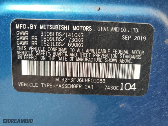 2020 Mitsubishi Mirage G4 ES with VIN ML32F3FJ6LHF01088, listed as a Copart auction lot 47955965 with 116,074 mi miles and Clean Title. Bid and sale history available at carsss.com. Image 13.