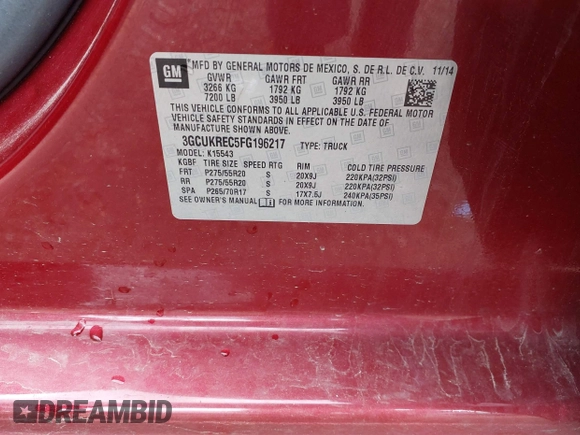 2015 Chevrolet Silverado 1500 LT with VIN 3GCUKREC5FG196217, listed as a IAAI auction lot 42130317 with 350,933 mi miles. Bid and sale history available at carsss.com. Image 9.