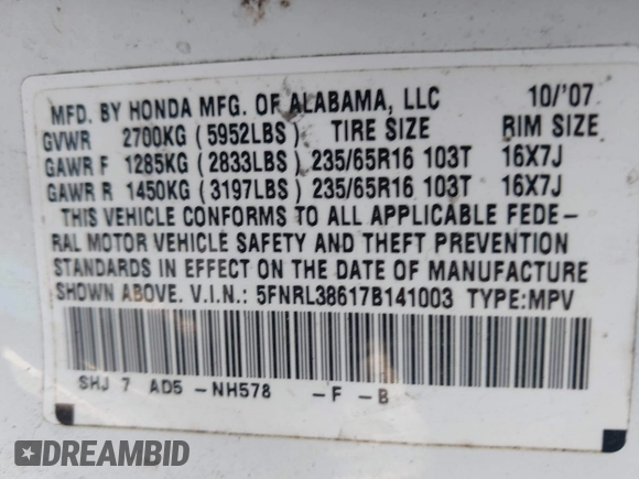 2007 Honda Odyssey EX-L with VIN 5FNRL38617B141003, listed as a IAAI auction lot 39232543 with 195,096 mi miles and . Bid and sale history available at DreamBid. Image 9.