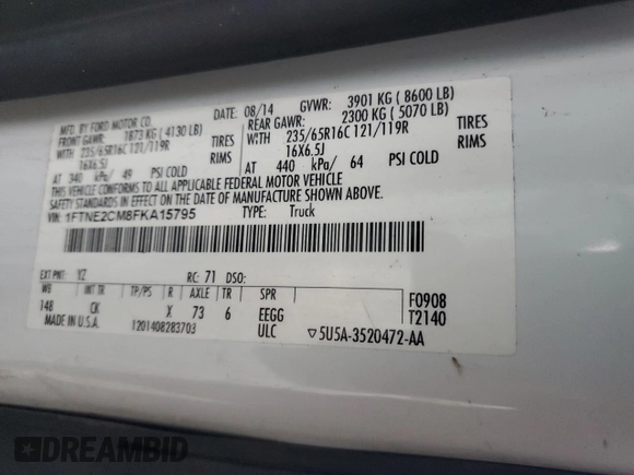 2015 Ford Transit Cargo with VIN 1FTNE2CM8FKA15795, listed as a Copart auction lot 45586105 with 262,225 mi miles and Clean title. Bid and sale history available at DreamBid. Image 13.