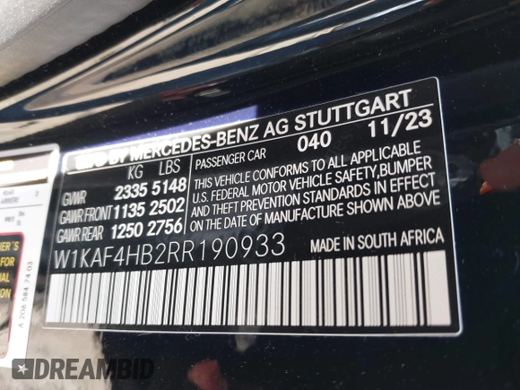 2024 Mercedes-Benz C 300 with VIN W1KAF4HB2RR190933, listed as a IAAI auction lot 41670470 with 2,744 mi miles and . Bid and sale history available at DreamBid. Image 9.