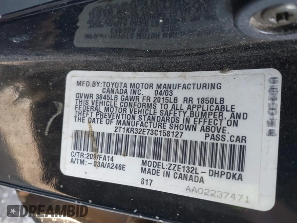 2003 Toyota Matrix Std with VIN 2T1KR32E73C158127, listed as a IAAI auction lot 41643165 with 182,365 mi miles and . Bid and sale history available at DreamBid. Image 9.