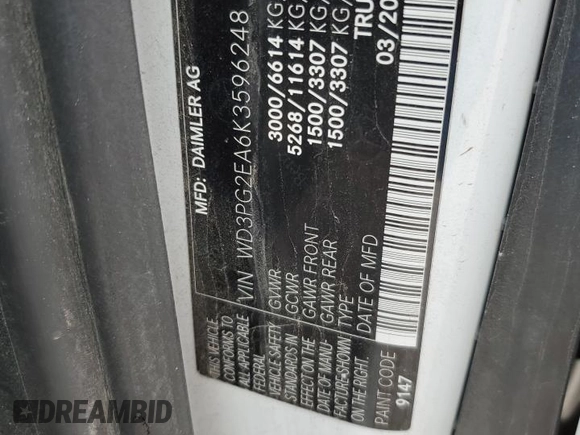 2019 Mercedes-Benz Metris Cargo with VIN WD3PG2EA6K3596248, listed as a Copart auction lot 61276835 with 183,221 mi miles and Salvage title. Bid and sale history available at DreamBid. Image 12.