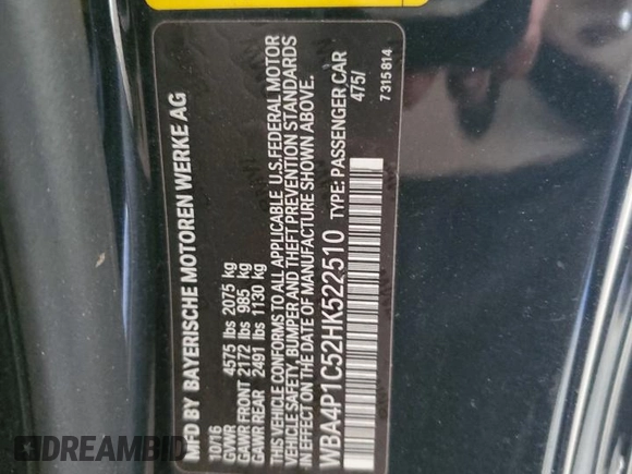 2017 BMW 4 Series 440i with VIN WBA4P1C52HK522510, listed as a Copart auction lot 76558174 with 76,685 mi miles and Salvage Title. Bid and sale history available at carsss.com. Image 13.