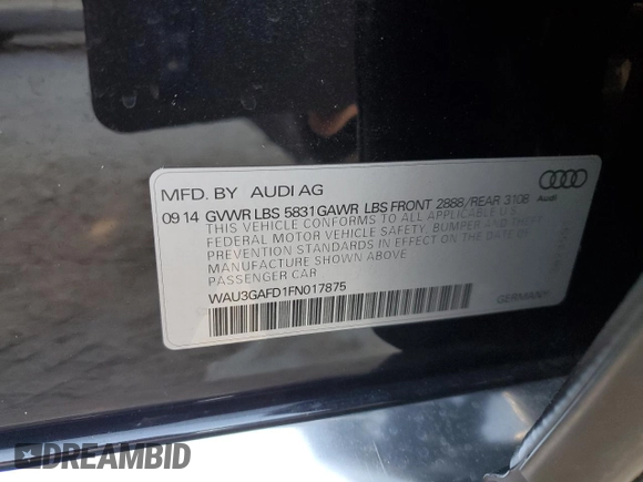 2015 Audi A8 L 3.0T with VIN WAU3GAFD1FN017875, listed as a Copart auction lot 88210815 with 124,720 mi miles and Salvage Title. Bid and sale history available at carsss.com. Image 13.